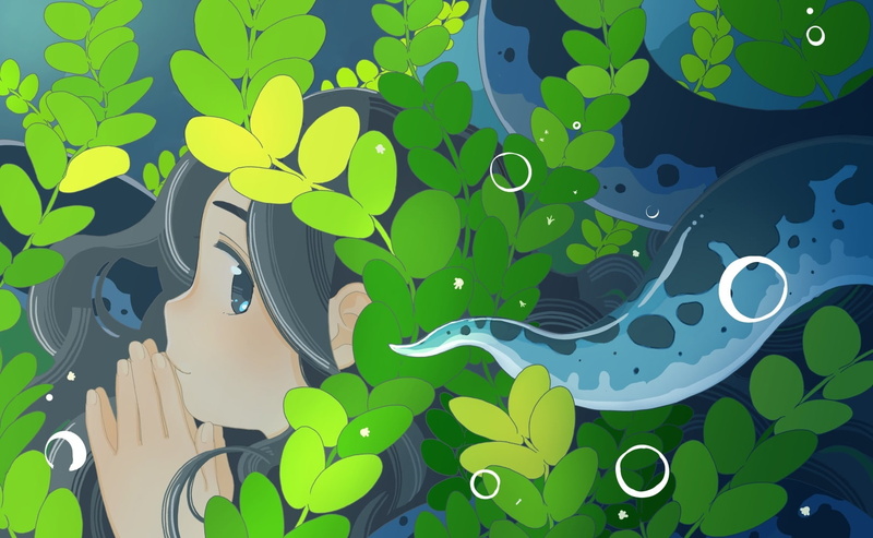 com, hair, original, konachan, water, tentacles, black, 720P, eyes, long, sashimi, underwater, 247813, akai, leaves