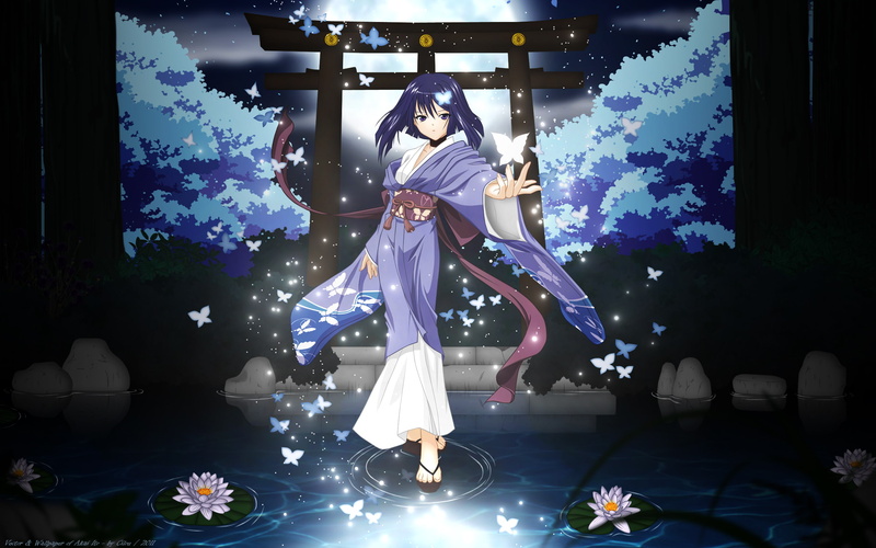hatou, tree, akai, minato, ito, night, 2K, vector, water, purple, clothes, short, japanese, hair, moon, yukata, butterfly, yasaka, yumei, flowers, eyes