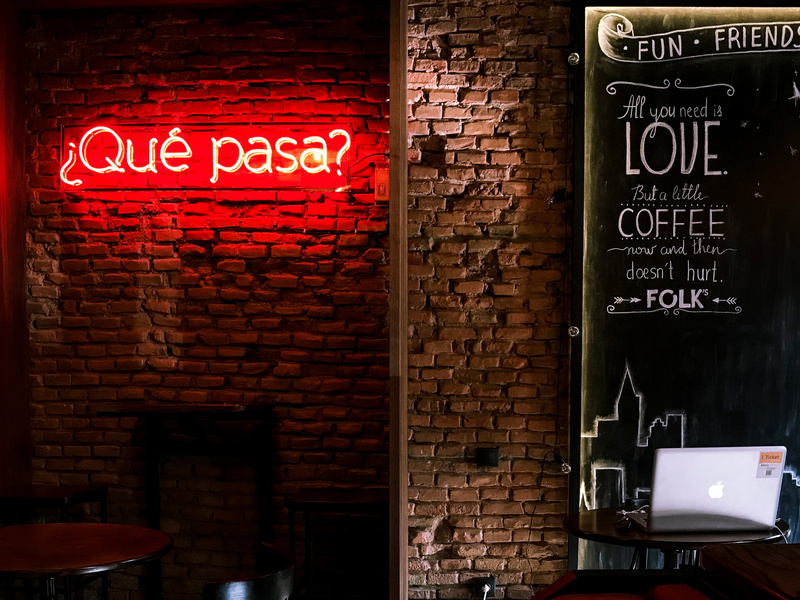 no people, neon, 4K, brick wall, wall - building feature, macbook, coffee shop, sign, coffee, wall, built structure, information sign, illuminated, bar