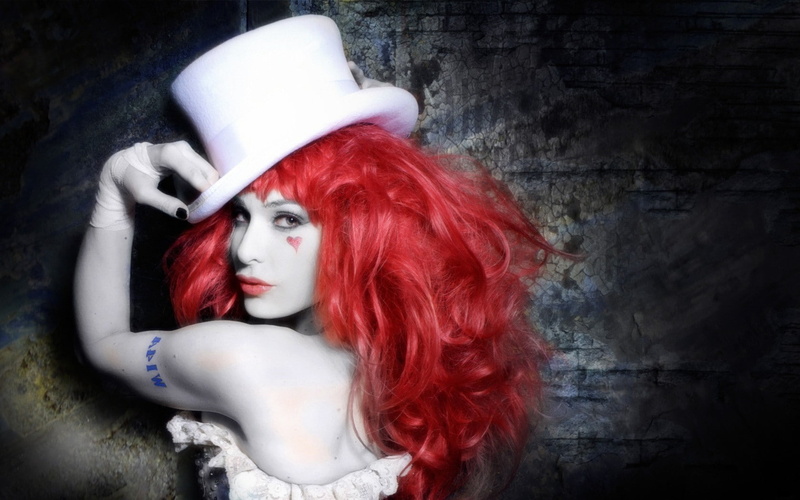 dyed red hair, one person, adult, beauty, hairstyle, hat, human face, indoors, portrait, hair, dark, women red whitehat emilie autumn, women, redhead, studio shot