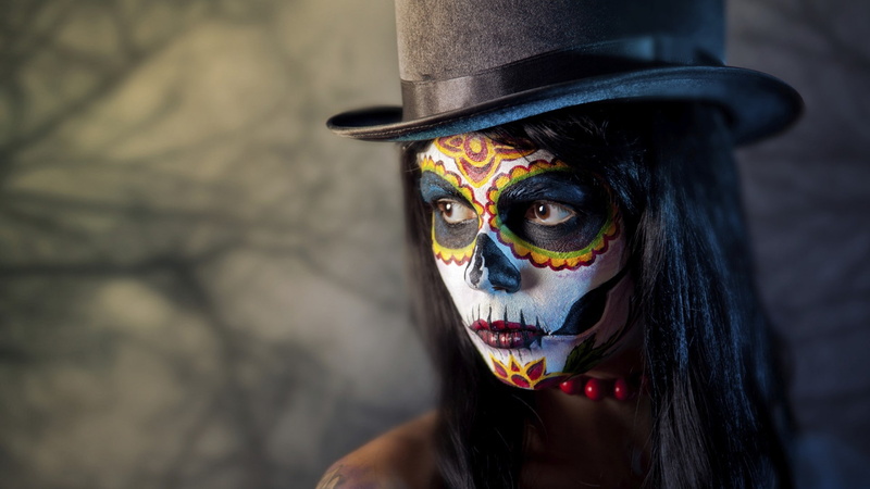 Top Hat, Sugar Skull, face, hat, artwork, women, photography, closeup, 1080P, Dia De Los Muertos, Voodoo