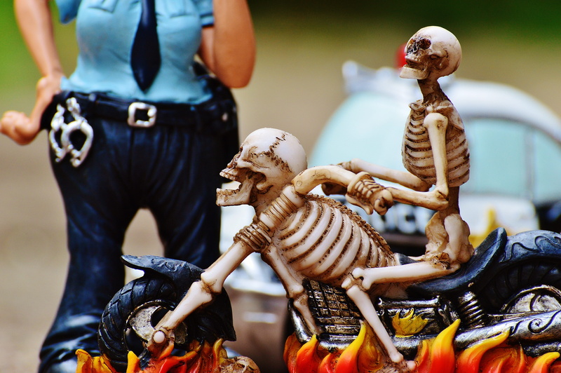 policewoman, focus on foreground, gothic, motorcycle, mode of transportation, human skeleton, architecture, halloween, human representation, 4K, two people
