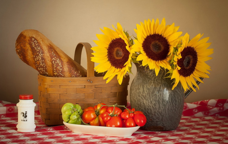 sunflowers, table, plate, salt, pitcher, tomatoes, 1080P, still life, basket, baton, tablecloth