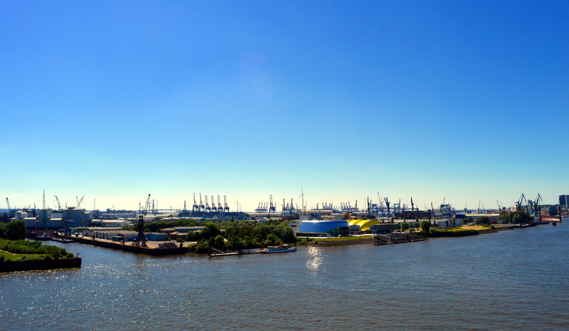 crane, building exterior, architecture, reflection, sky, daytime, cranes, hamburg port, copy space, outdoors, germany, moored, harbor, water, river, dock