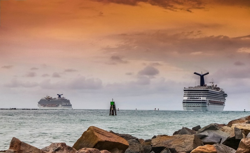 built structure, tower, passenger craft, rock - object, cruise vacation, sea, guidance, cloud - sky, boat, 2K, voyage, ship, sunset, architecture, ocean