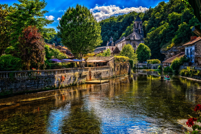 connection, building exterior, no people, brantome, 5K, reflections, boat, vacations, plant, reflection, building, france, city, summer, waterfront, landscape