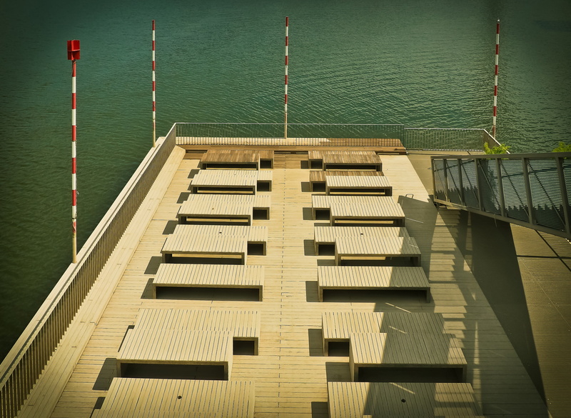 sunlight, window, in a row, seating, shadow, rhine, built structure, architecture, high angle view, wood - material, docks, maritime, pier, no people, water