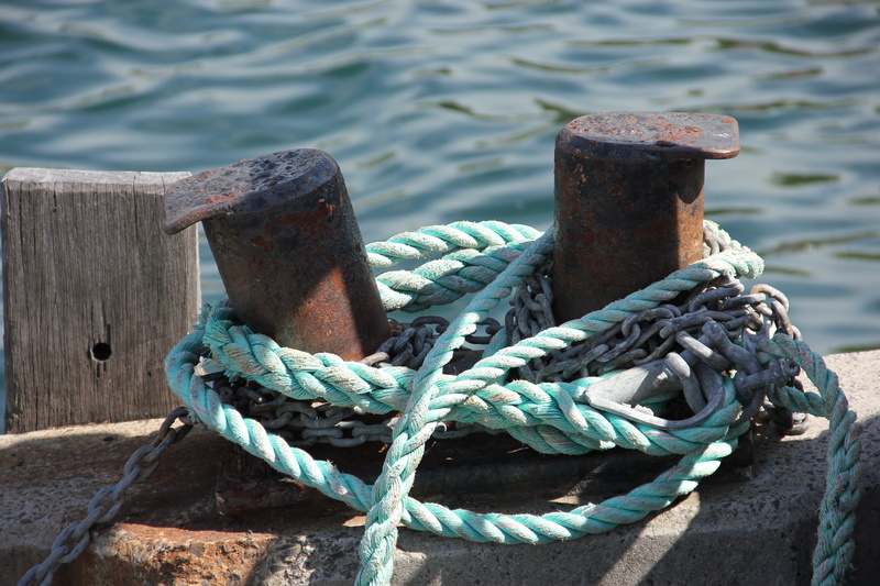 dew, shipping, transportation, day, nature, metal, rope, strength, bollard, turquoise colored, post, moored, no people, harbor, sea, port, wooden post