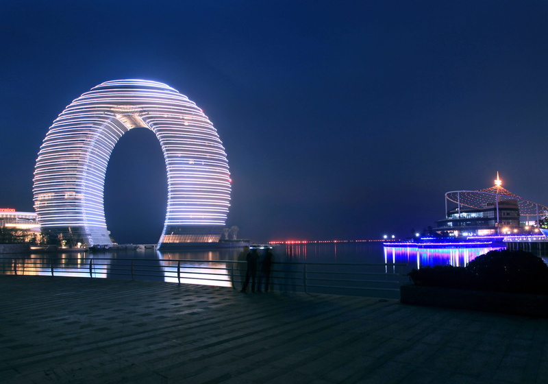 ferris wheel, illuminated, round, photos of sheraton huzhou results, Sheraton, Night View, long exposure, city, travel destinations, China, outdoors, building exterior