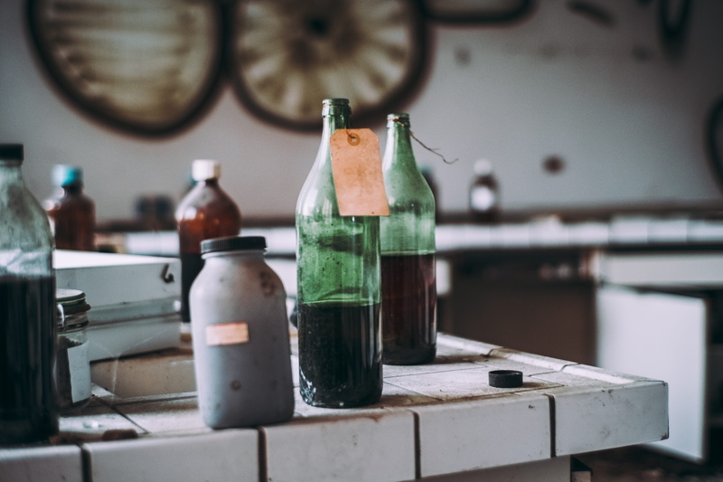 urbex, vintage bottle, dangerous, broken, food and drink, table, workshop, still life, bottle, counter, close-up, toxic, focus, 5K, dirtty, focus on foreground