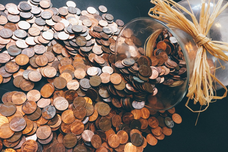wealth, change, banking, still life, no people, brown, dollar, wood, table, bank, collection, log, penny, heap, savings, abundance, pennies, cash, wood - Material