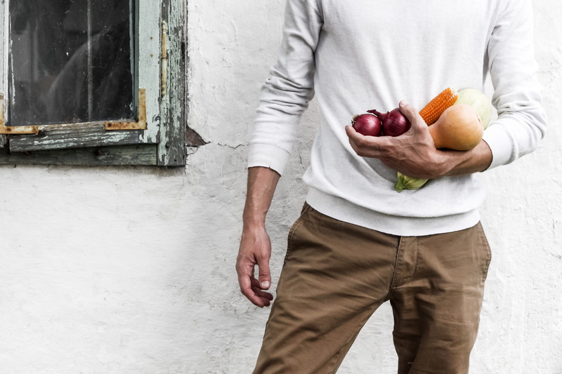 fruits, 4K, apparel, adult, clothing, person, produce, men, lifestyles, wall - building feature, vegetables, day, raw, plant, beside, food and drink, real people