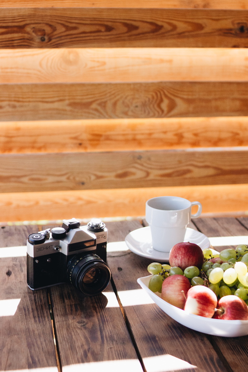 photography themes, wood - material, electronics, cup, drink, wellbeing, plate, healthy eating, no people, digital camera, film, flora, apple, gray, photography
