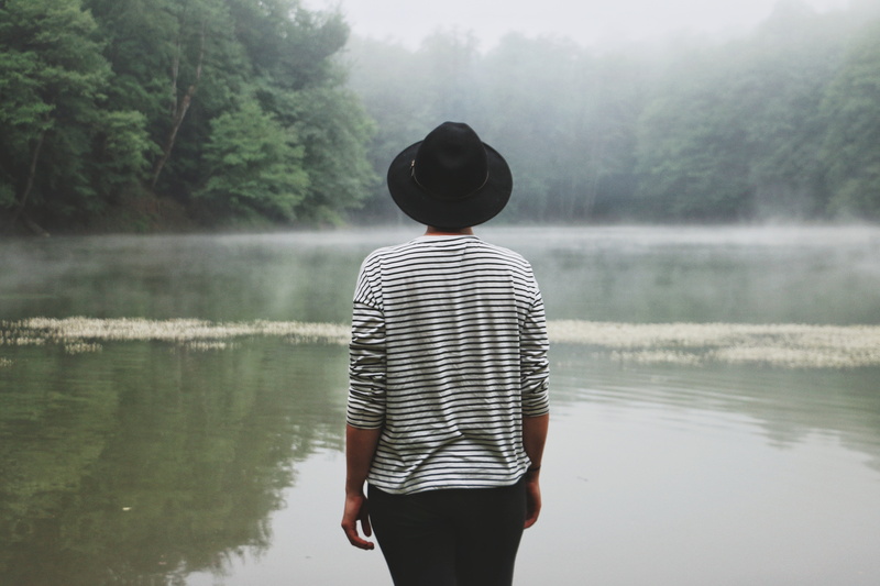 reflection, one Person, women, person, teenager, striped, man, standing, weather, trees, fog, plant, cold, people, lake, nature, near, body, clothing, looking at view