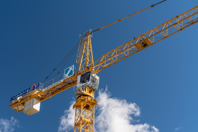 caution, low angle view, metal, crane, freight transportation, outdoors, crane - construction machinery, blue, 5K, day, man at work, work, business, loading