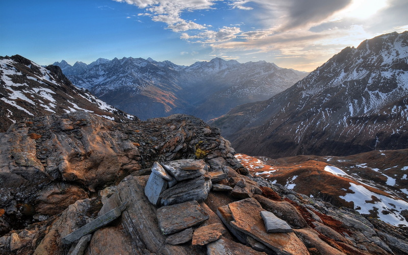2K, Snow, Rocks, Sunset, Mountains, covered, Clouds, mountain