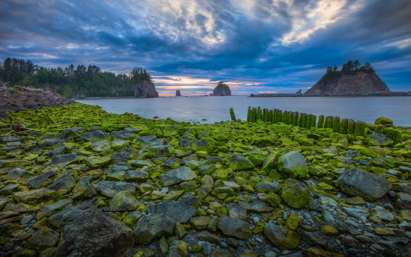 1080P, Stones, USA, Moss, Sunset, Sea, Park, Clouds, National