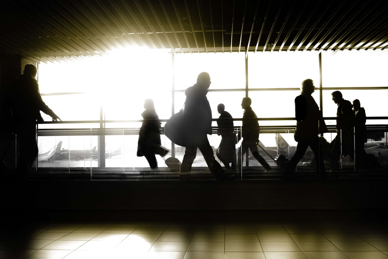 flooring, women, men, businessman, flight, transportation, travel, crowd, walking, gate, group, transport, male, plane, business, trip, tiled floor, silhouette