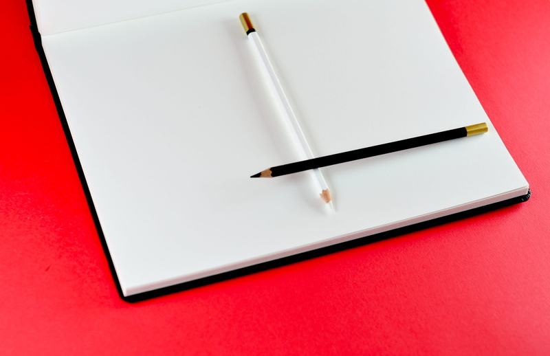 studio shot, blank, colored background, office, draft, pen, publication, red, diary, drawing, note pad, high angle view, page, two objects, writing, book
