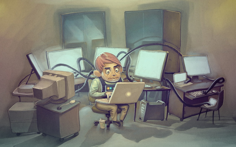 large group of objects, abandoned, computers, furniture, table, television set, still life, indoors, computer, no people, office, illustration, technology