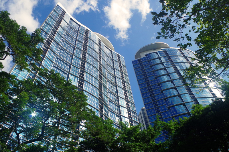 cityscape, low angle shot, exterior, cloud - sky, building, rise, downtown, clouds, skyscraper, nature, tall, skyscrapers, structure, day, skyline, modern