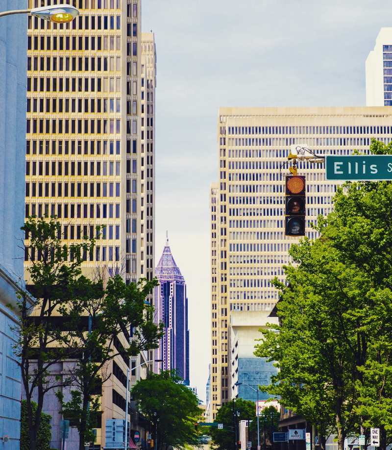traffic lights, plant, green, daytime, bright, urban, futuristic, day, downtown, growth, outdoors, sky, low, offices, business, glass windows, windows