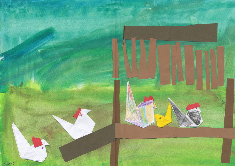flag, creativity, high angle view, grass, animals, Children, artwork, painting, art and craft, lake, water, roosters, nature, handicraft, day, seat, image
