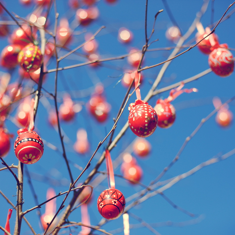 easter eggs, food, berry fruit, oval, striped, hanging, egg, day, outdoors, bauble, colored egg, custom, balls, celebration, tree, branch, twig, 2K, spring