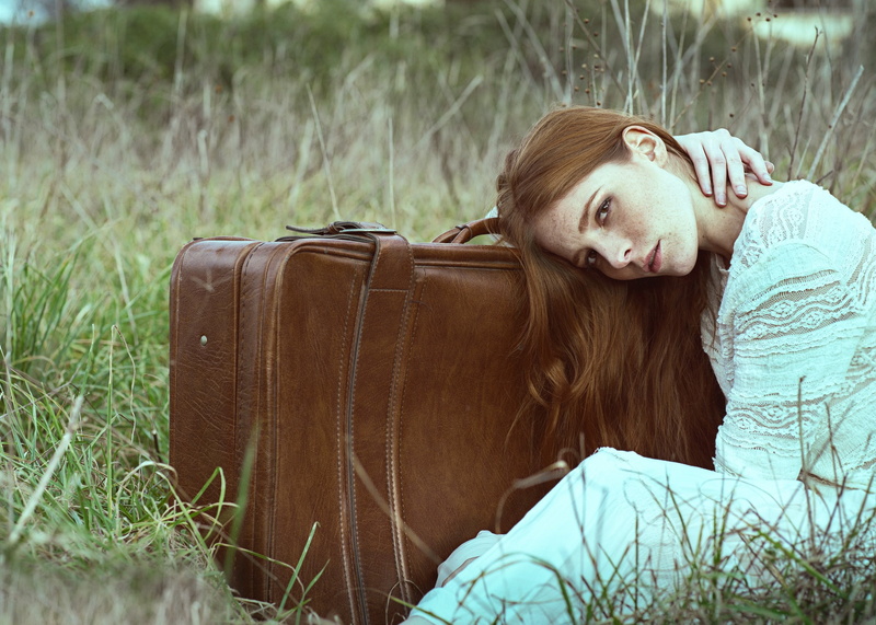 redhead, women outdoors, model, freckles, 1080P, women, suitcase