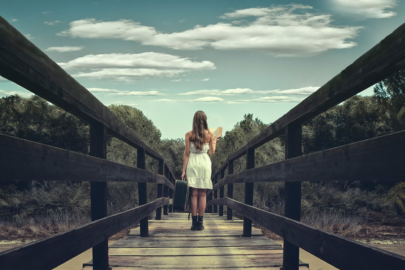 nature, books, model, suitcase, women outdoors, 1080P, women, bridge