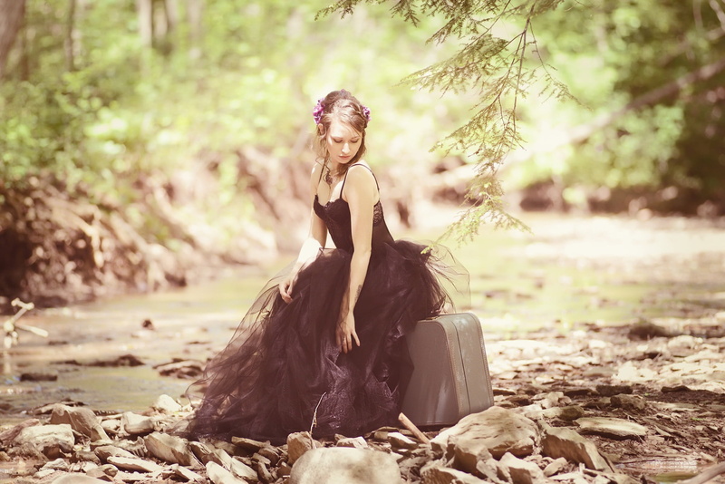 suitcase, dress, nature, real people, young adult, 1080P, land, beautiful woman, young women, black dress, sitting, hair, women outdoors, portrait, lifestyles