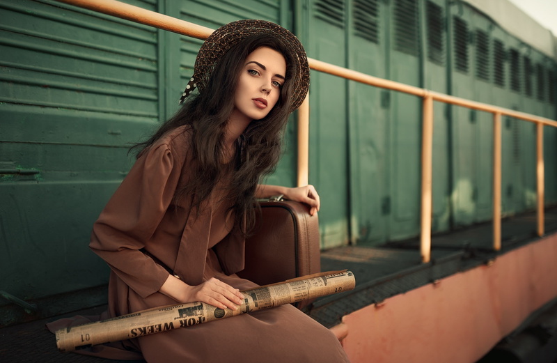 suitcase, brunette, sitting, long hair, 1080P, women with hats, portrait, women outdoors, looking at viewer, dress, hat, women