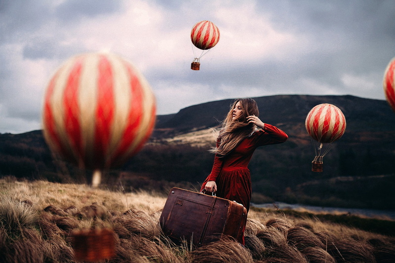 long hair, grass, miniatures, balloon, model, 1080P, looking away, women outdoors, mode of transportation, air vehicle, land, fantasy art, flying, cloud - sky
