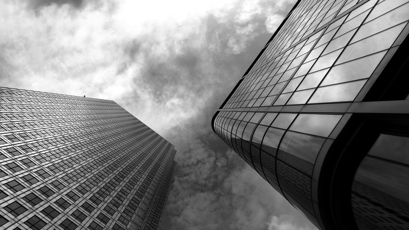 1080P, high, concrete, commercial, buildings, cityscape, architecture, built structure, center, perspective, nature, glass, directly below, business, tower