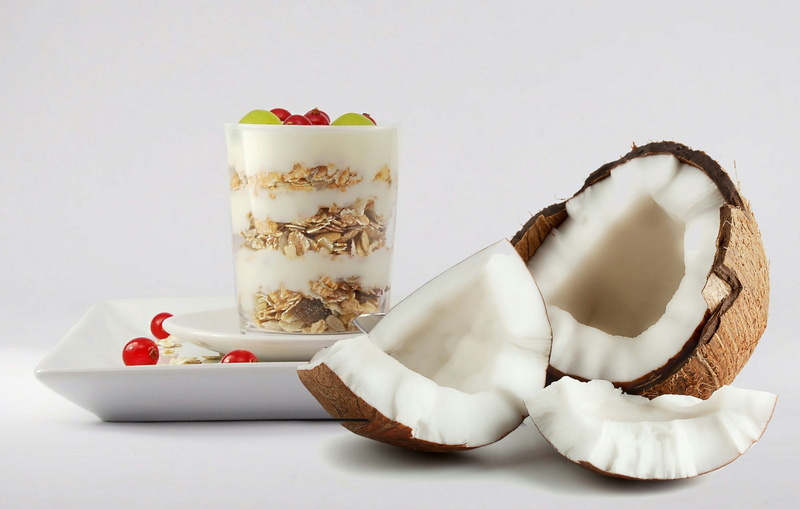 coconut, wellbeing, no people, glass, berry fruit, cornflakes, table, fruits, food and drink, close-up, breakfast, milk, food, sweet food, healthy eating