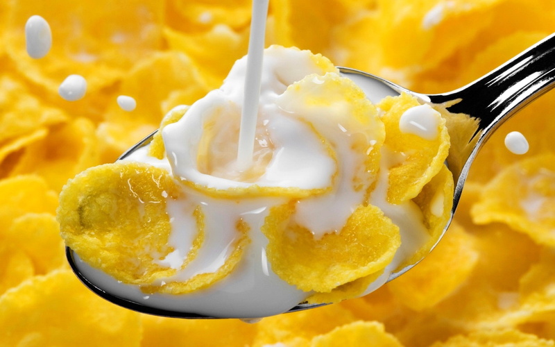 macro, Spoon, Cornflakes, food, Milk, 1080P