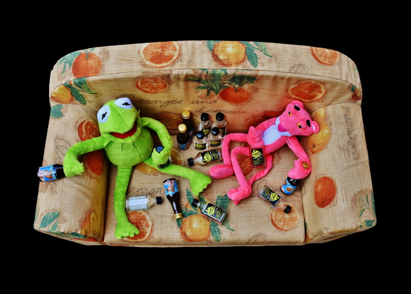 high angle view, toys, panter, multi colored, pink, black background, art and craft, close-up, frog, still life, fun, 1080P, bottles, drink, funny, panther