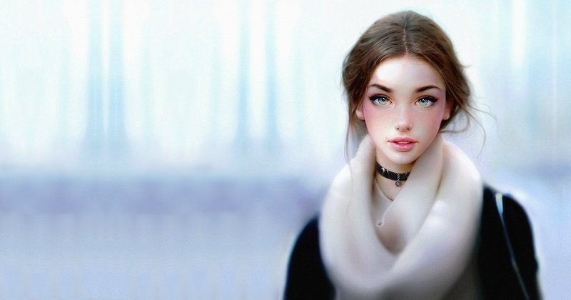 collars, 1080P, face, artwork, scarf, blue eyes, brunette, white background, looking at viewer