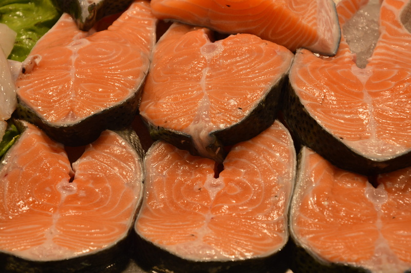 spain, close-up, wellbeing, slice, backgrounds, market, food and drink, orange color, protein, sea animals, fish, raw food, freshness, sale, still life