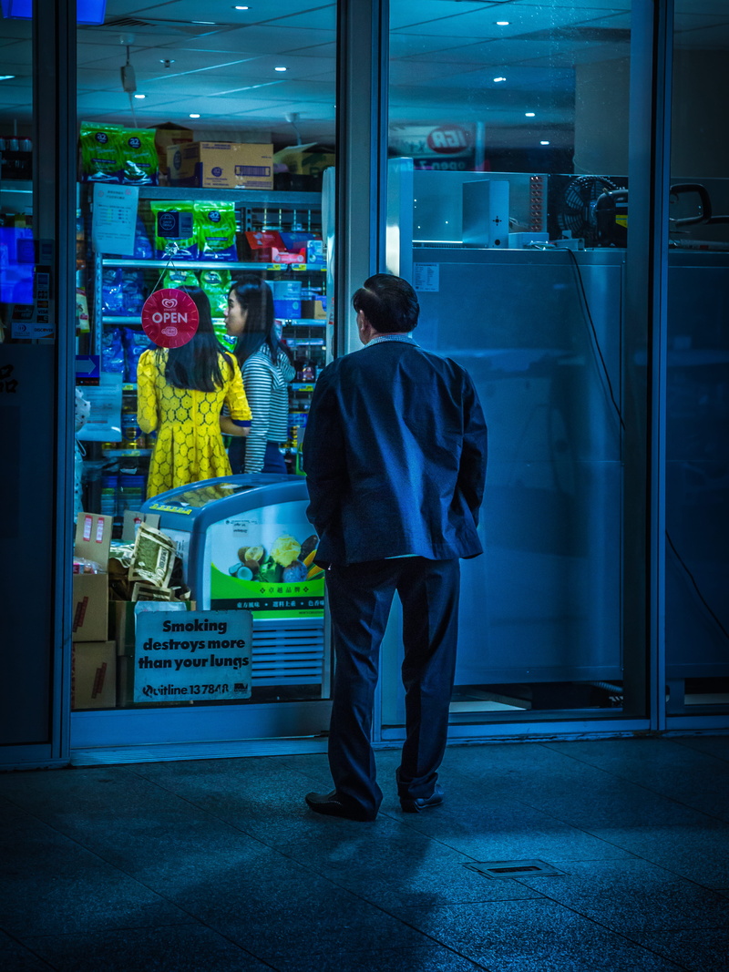 real people, food and drink, clear, togetherness, illuminated, 4K, rear view, full length, men, wall, two people, shop, editorial, standing, glass, guy