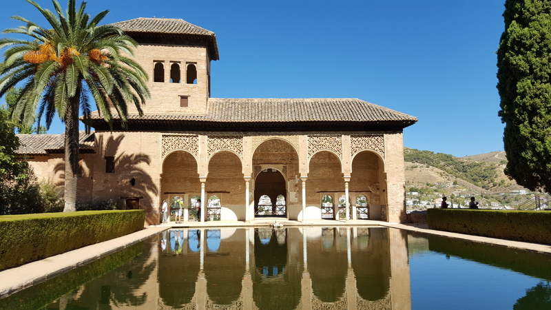 arch, outdoors, pond, architecture, travel destinations, clear sky, palm tree, water, the past, granada, tree, alhambra, building exterior, andalusia, building