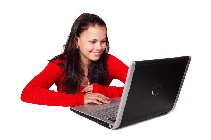 long, internet, shirt, cut out, red, notebook, young Adult, caucasian Ethnicity, studio shot, hair, sleeved, beautiful woman, one Person, smile, web, laptop