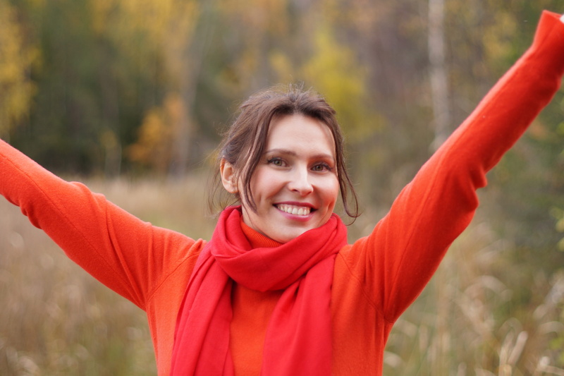 girl, orange, red, arms outstretched, smile, cheerfulness, autumn, beauty, smiling, human arm, looking at camera, 5K, human limb, view, teeth, woman, one person