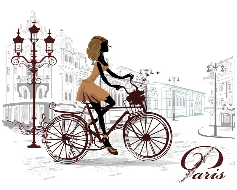 4K, artwork, Paris, bicycle, women