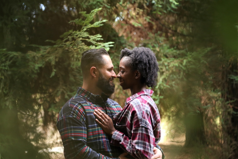 adult, two people, casual clothing, african american, bonding, couple, poc, engaged, green, togetherness, young men, trees, background, positive emotion