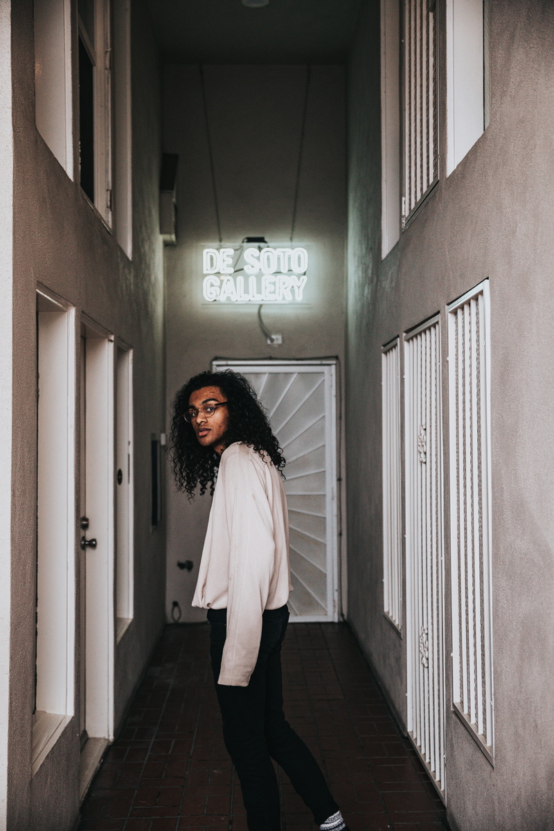 urban, walking, standing, curly hair, door, street wear, venice, man, male, 5K, portrait, hairstyle, neon sign, women, wall - building feature, real people