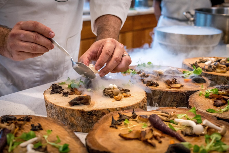 wooden, freshness, food plating, indoors, 8K, tree, plating, preparing food, smoke, one person, men, kitchen utensil, mushrooms, hand, cuisine, food presentation