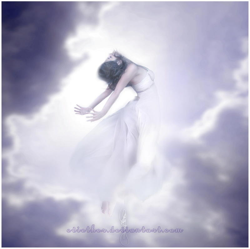 white, clouds, lady, 1080P, blue, 3d and abstract, woman, safe, dress, now, fantasy, poster