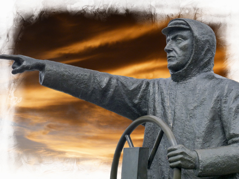 art, artwork, one person, statue, figure, fishing, prince rupert, history, three quarter length, human representation, metal, monument, male likeness, day