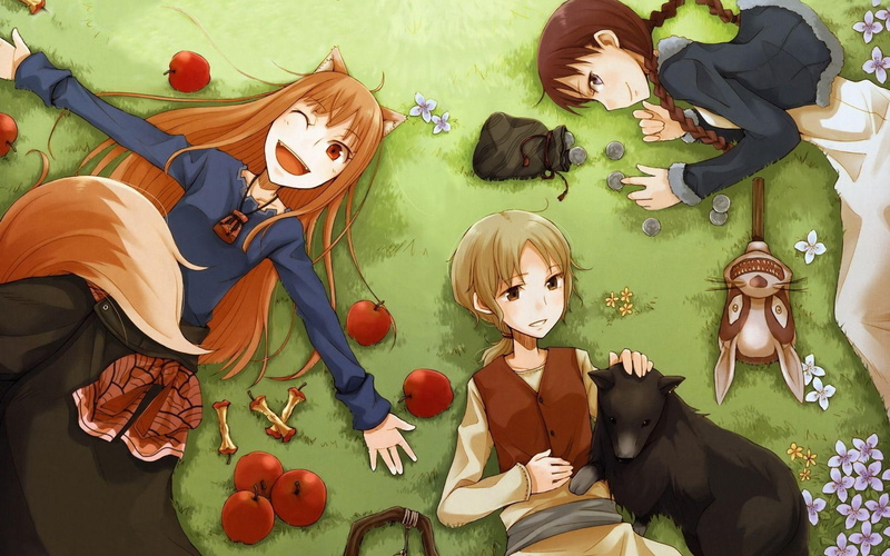 wolf, 1080P, anime, holo, characters, spice and wolf, apple, 1920x1200, grass, spice